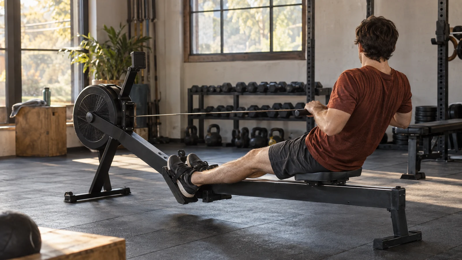 Illustration of an adult at the finish of a stroke on a generic indoor rowing machine in a daylit community gym