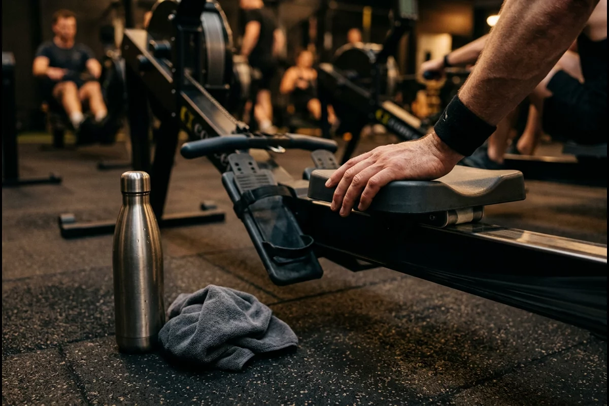 Athlete resting beside an indoor rowing machine with water bottle and towel on gym floor