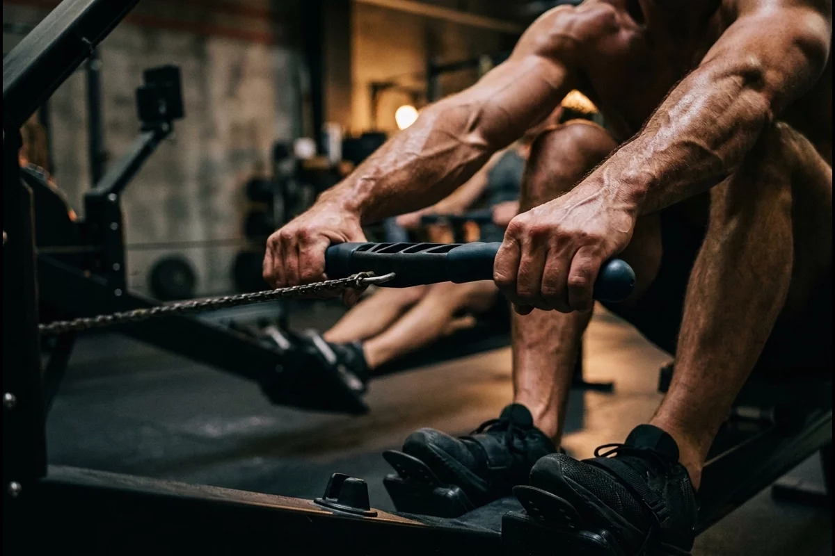 Close-up action view of rower hands gripping the ergonomic handle during stroke drive