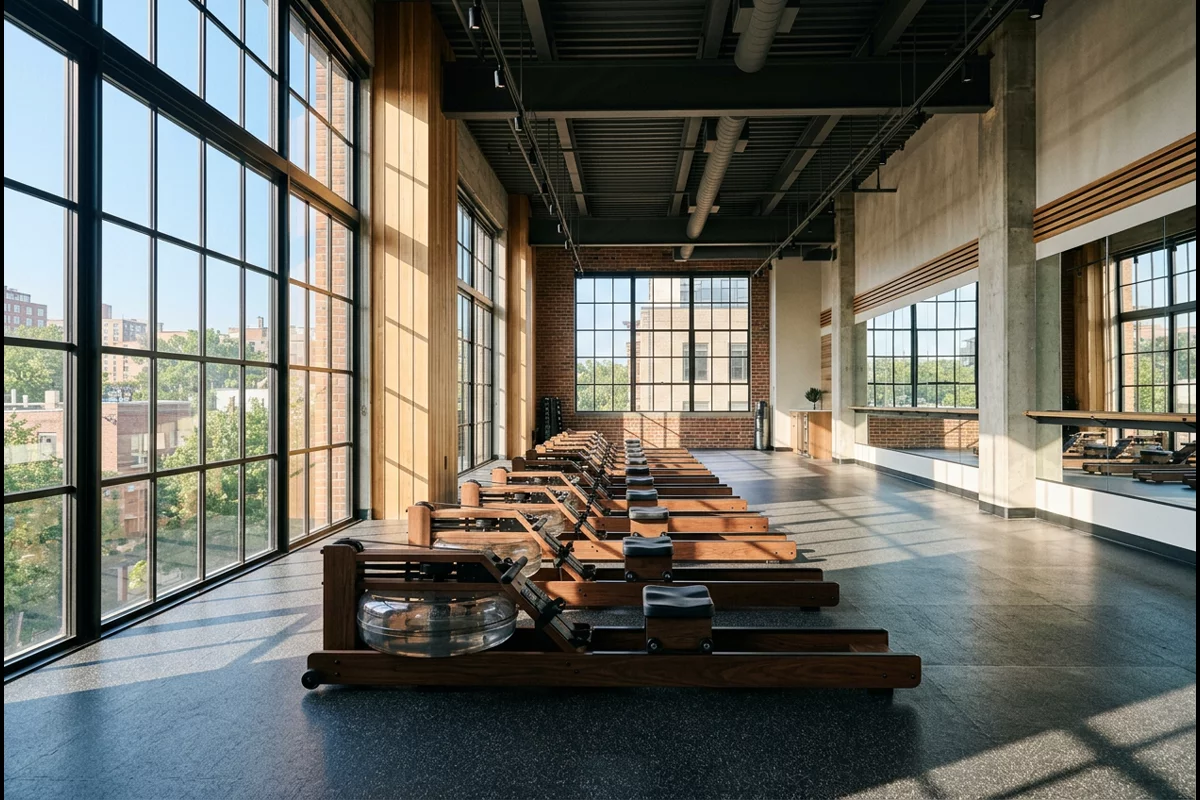 Row of modern indoor rowing machines on rubber flooring in a sunlit boutique fitness studio