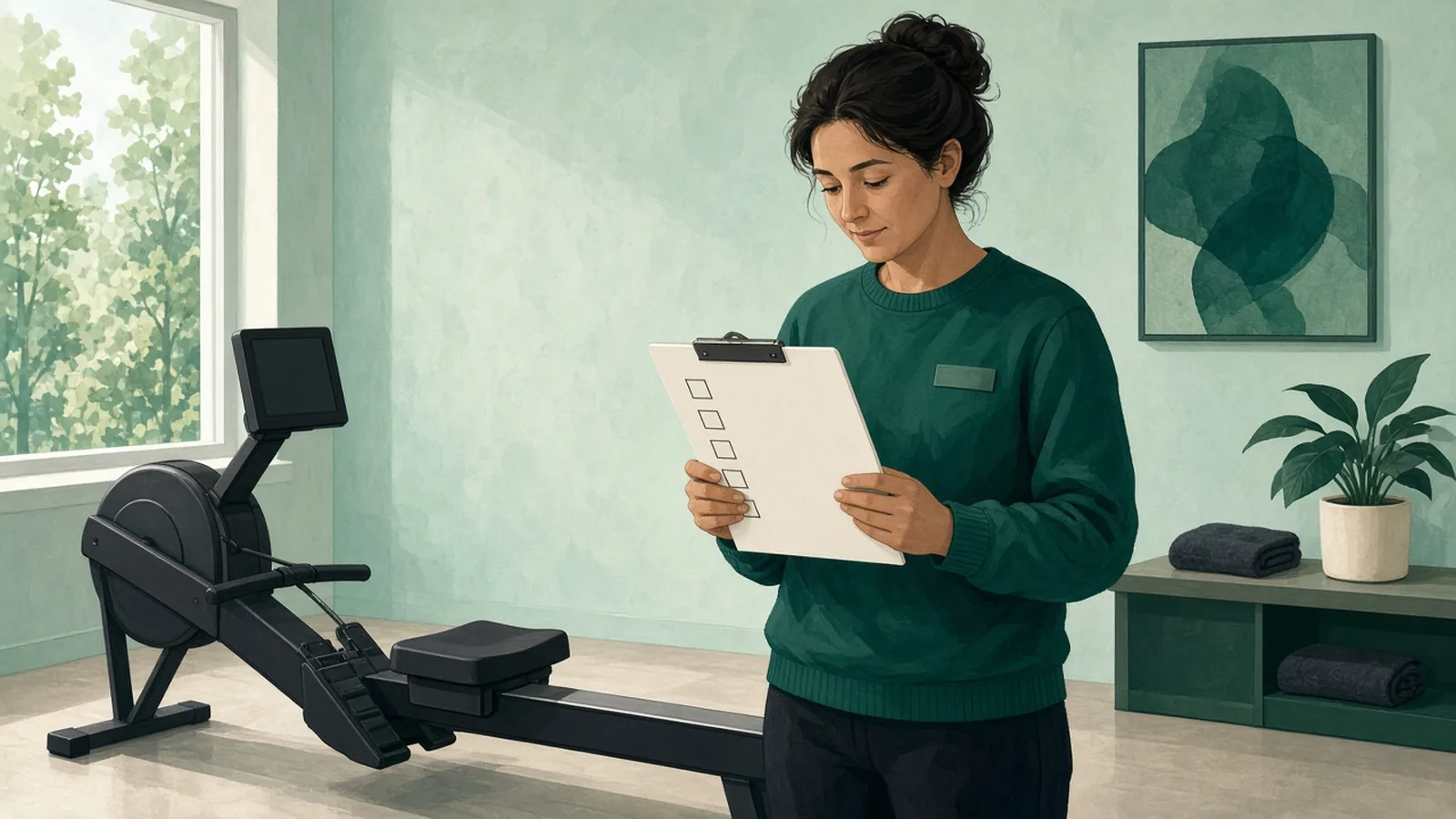 Illustration of a volunteer holding a blank checklist beside a generic indoor rowing machine with a blank monitor