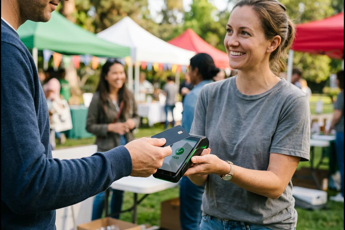Donor tapping a contactless payment card on a handheld terminal held by an event volunteer