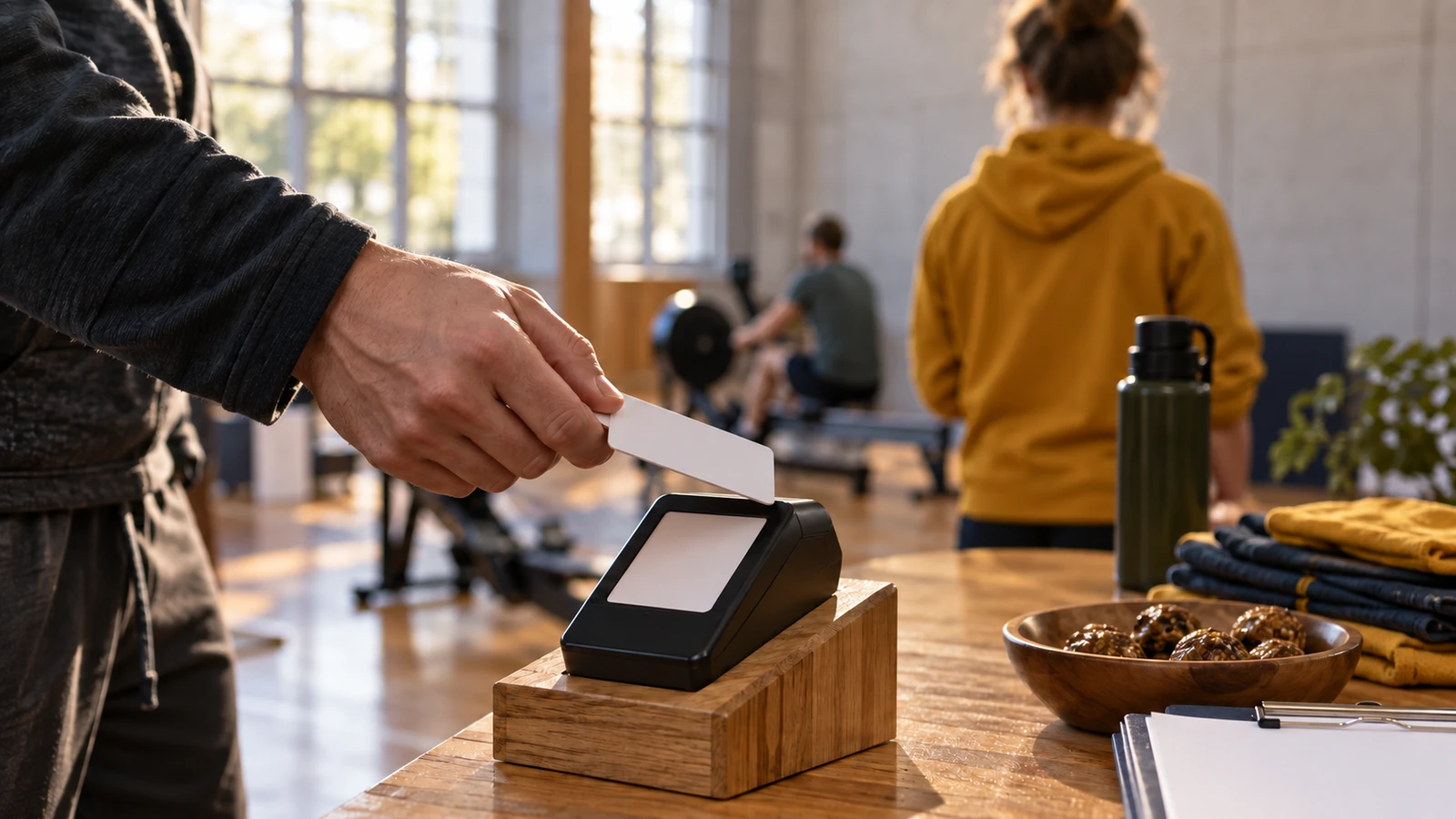Illustration of a hand holding a bank card near a generic card reader on a stand at a community sports event