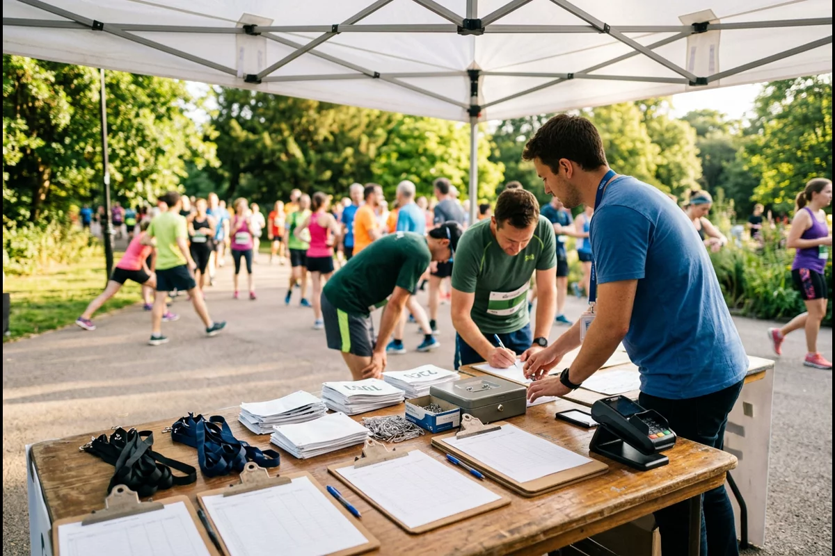 Outdoor event registration tent check-in table equipped with wireless donation card terminal