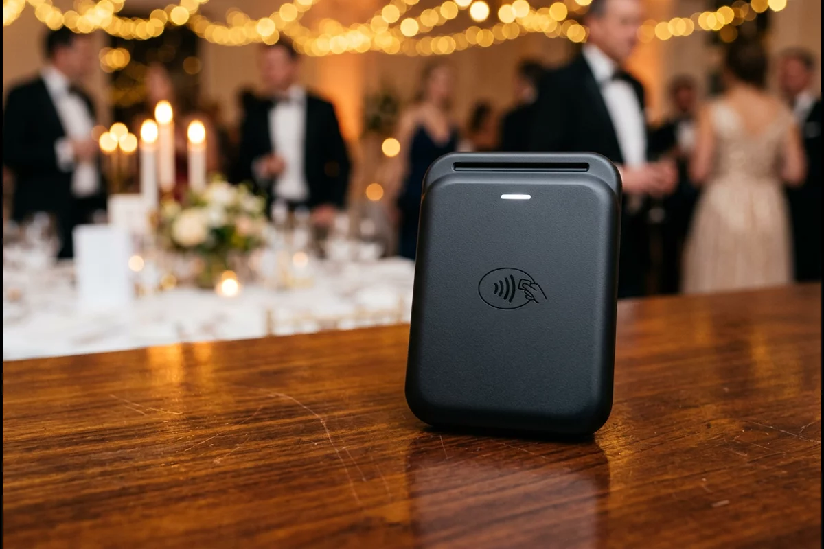 Sleek contactless card reader on a wooden registration table at an evening fundraising gala