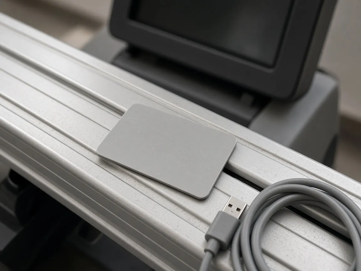 A blank gray card and a coiled USB cable on the rail of an indoor rowing machine