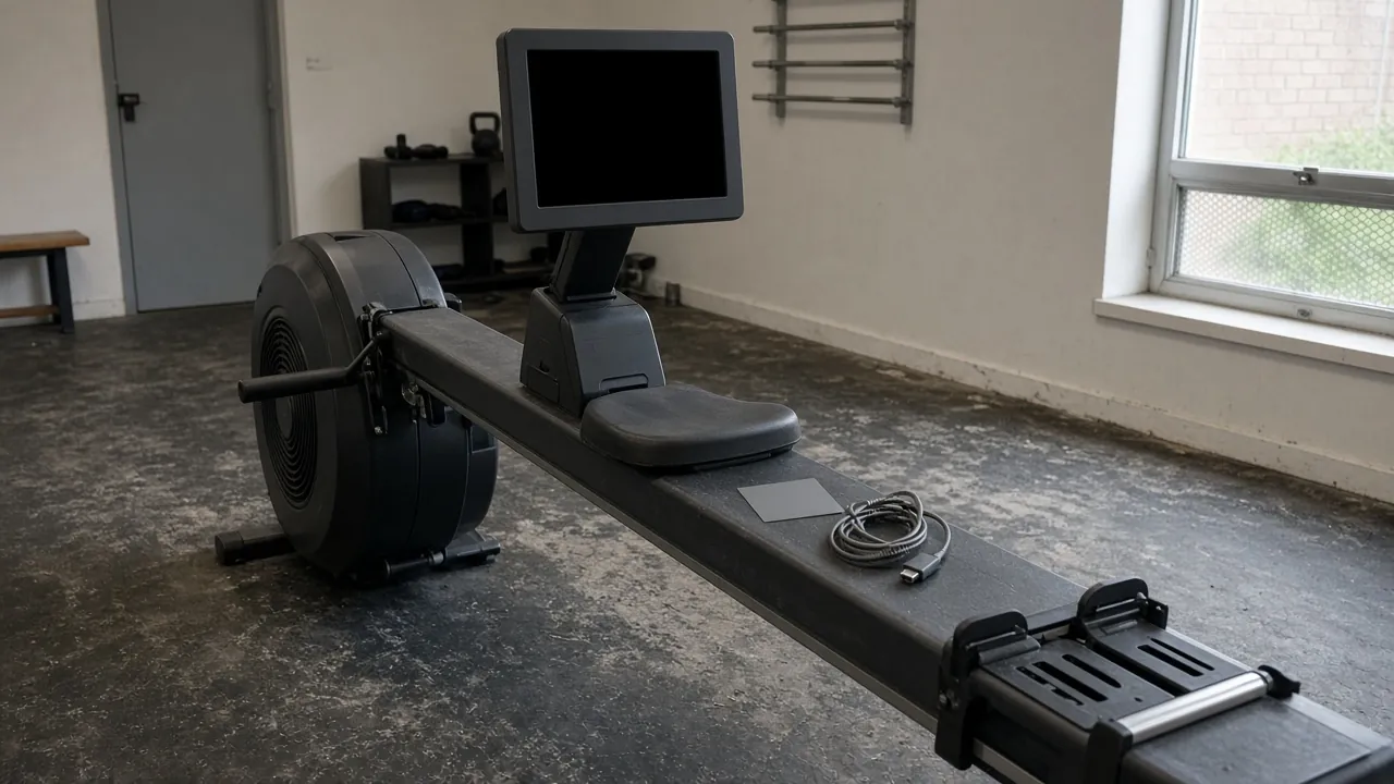 Indoor rowing machine in a gym with a dark monitor, a blank card, and a coiled cable on the rail