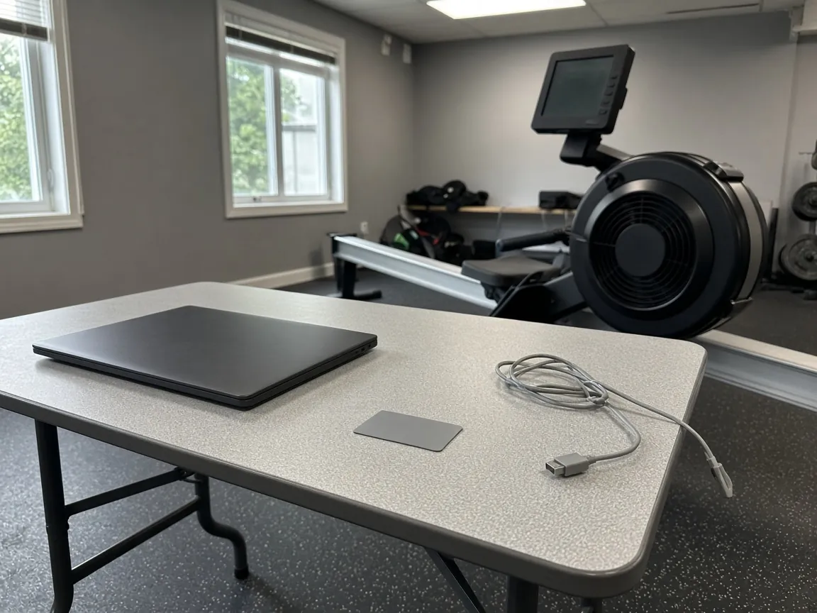 A closed laptop, a blank card, and a USB cable on a table beside an indoor rowing machine