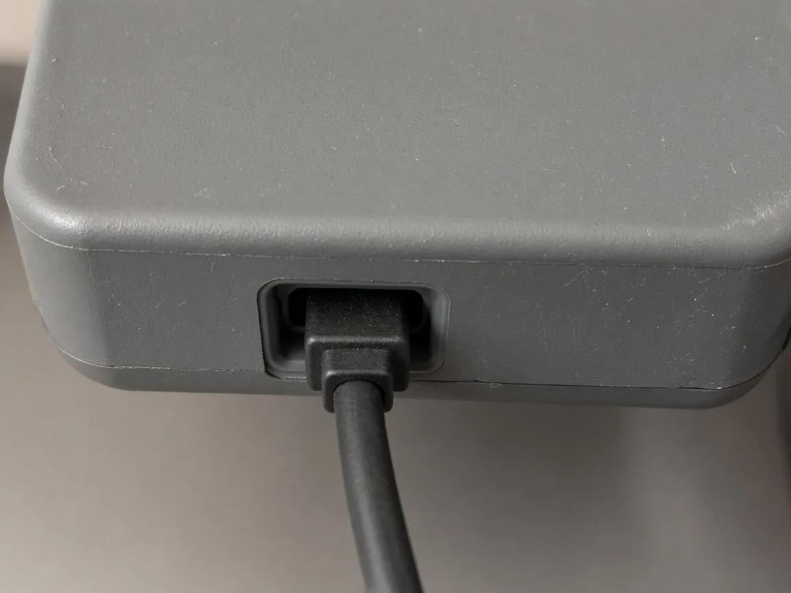 A square USB plug seated in a port on the lower edge of a gray housing