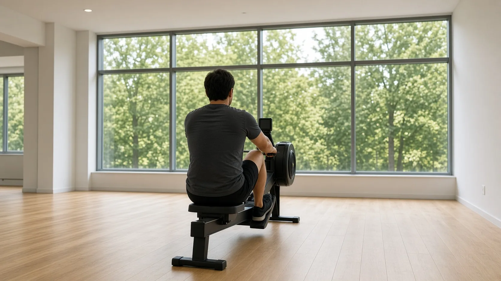 Adult seen from behind at the catch on a generic indoor rower, arms extended and seat forward in a bright gym