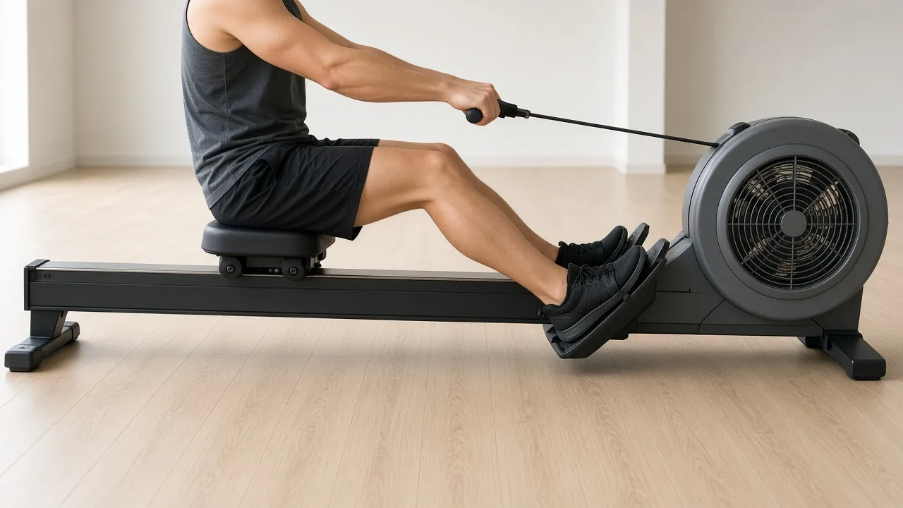 Side view late in the leg drive on a generic indoor rower, legs nearly straight and arms still extended