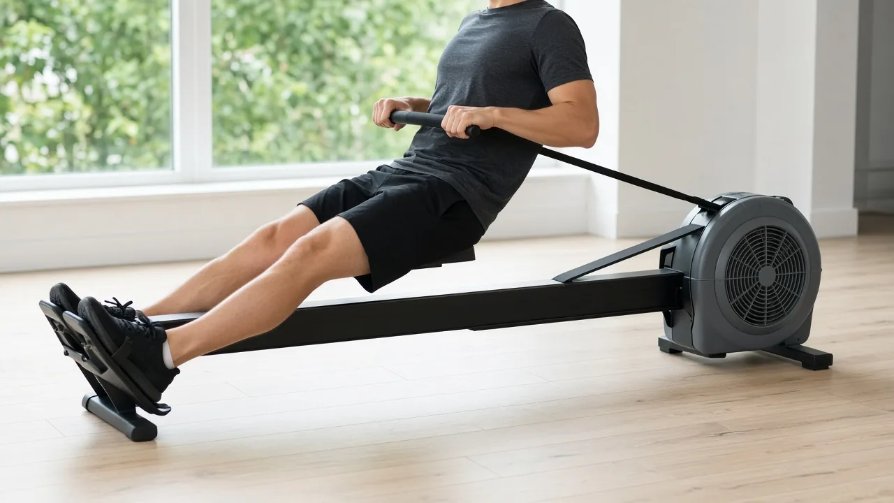 Side view of the finish on a generic indoor rower, legs extended and the handle drawn in toward the ribs