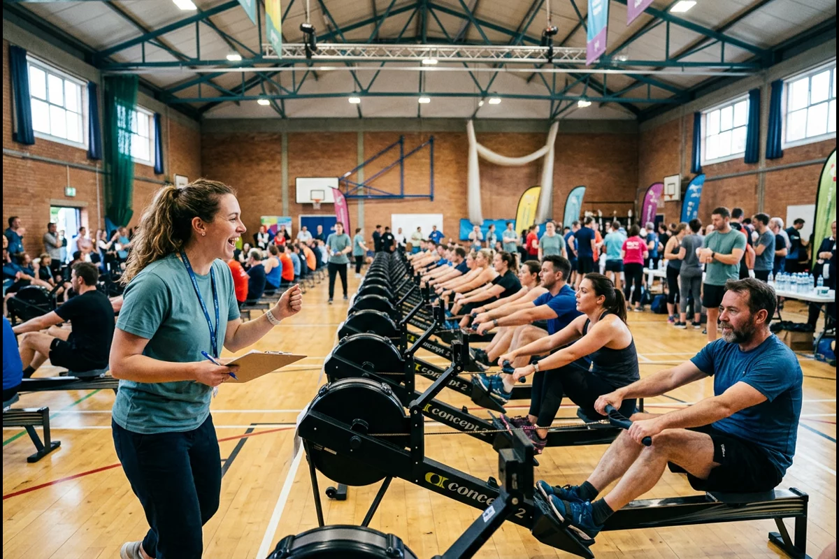 Volunteer tallying scores with clipboard cheering athletes in a charity rowing marathon challenge