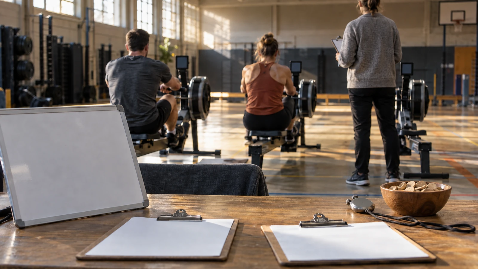 Illustration of a volunteer operations table with blank clipboards, counting tokens and a stopwatch beside indoor rowing machines in a community hall