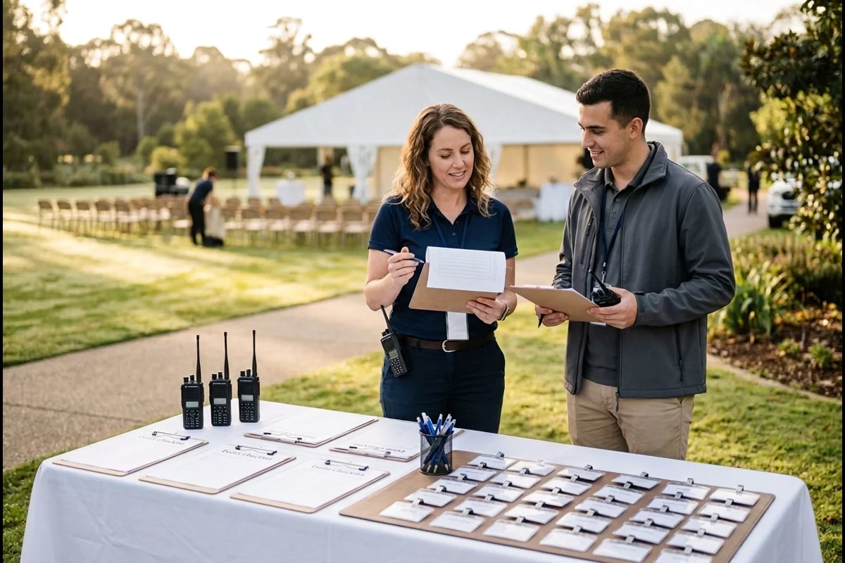 Event coordinators reviewing clipboards and walkie-talkie radios at a morning staging station