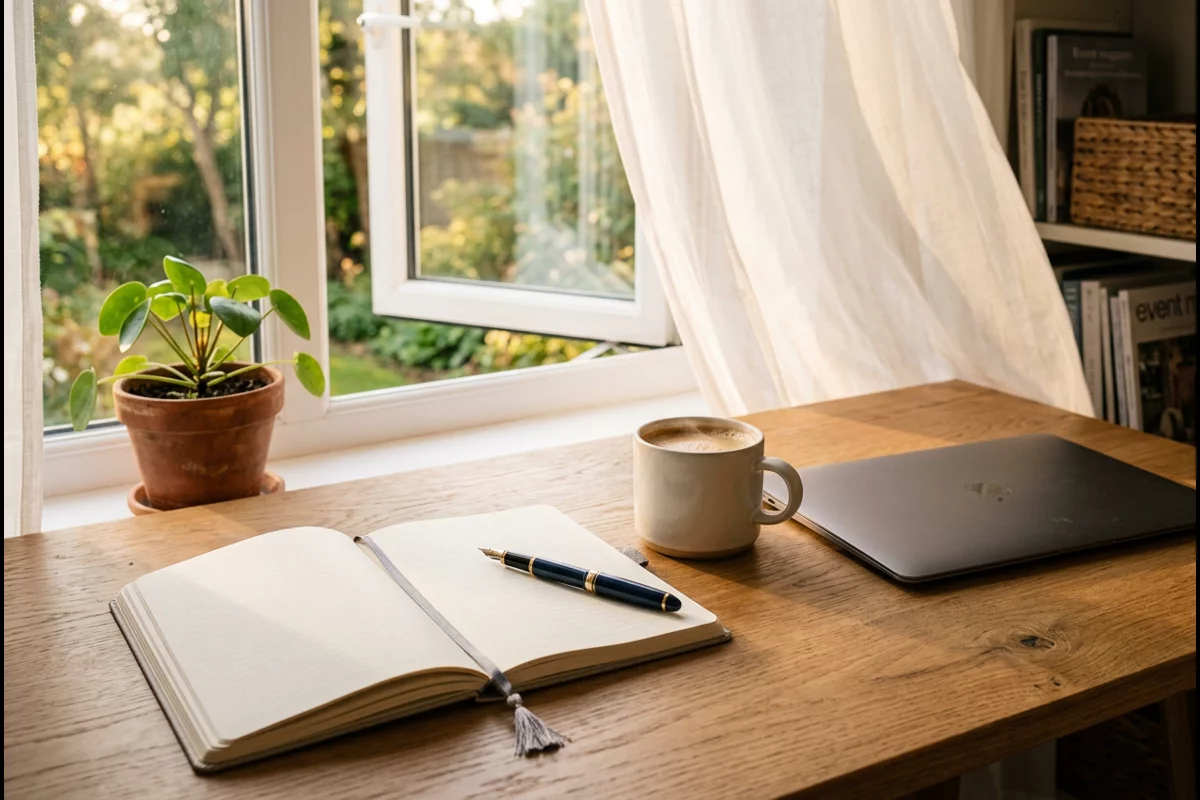 Organized event planning desk with paper notebook, pen, laptop, and coffee by a sunlit window