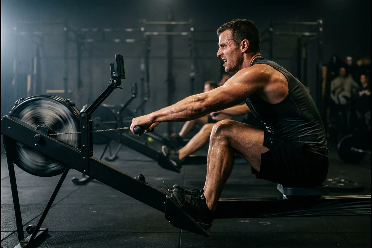 Dynamic fitness photograph of an athlete exerting maximum power during a rowing sprint interval