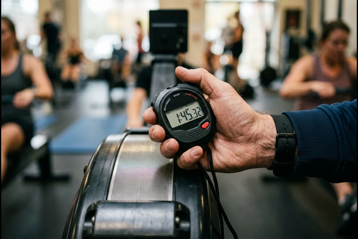 Close-up of coach hand holding a digital sports stopwatch timer beside a rowing machine