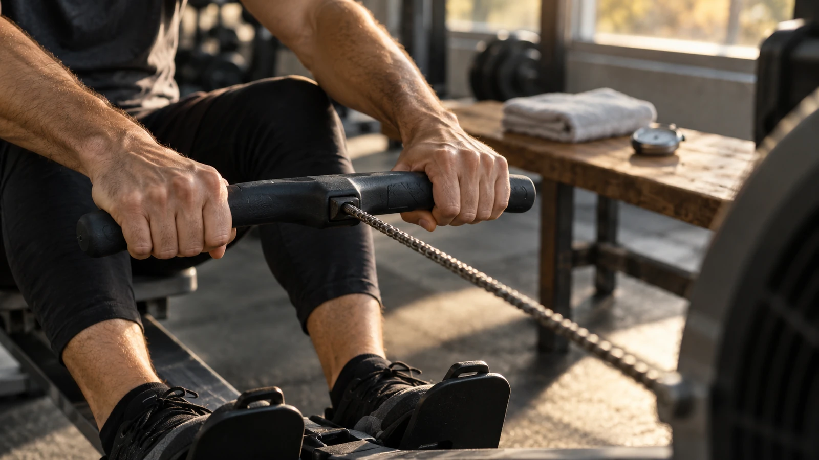Illustration of a close view of hands on the handle of a generic indoor rowing machine during a steady row in a daylit gym