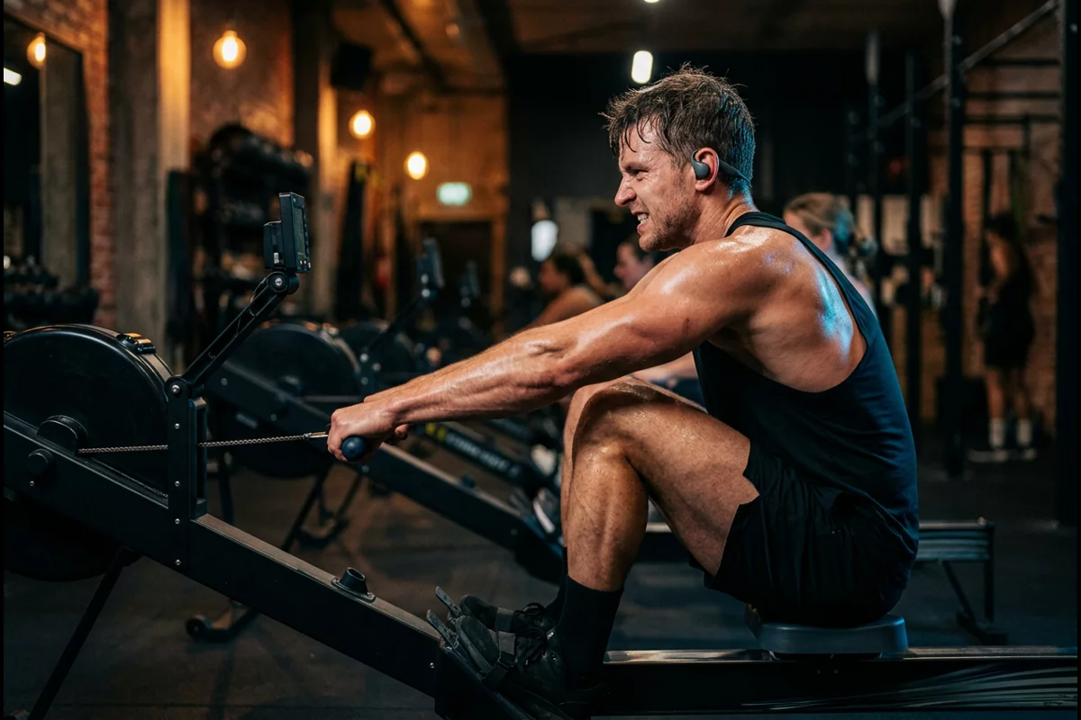 Endurance athlete pulling a powerful stroke on an indoor rower with focused determination