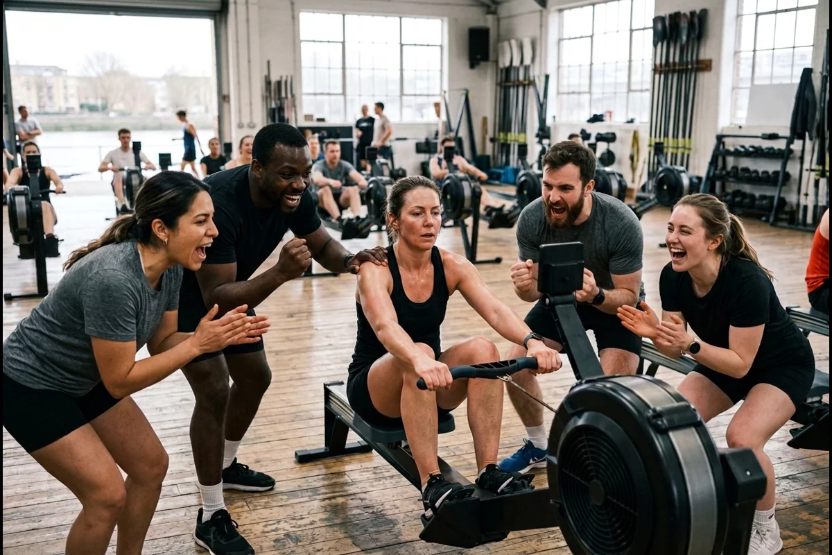 Supportive rowing relay team gathered cheering their teammate during an ultra-distance challenge