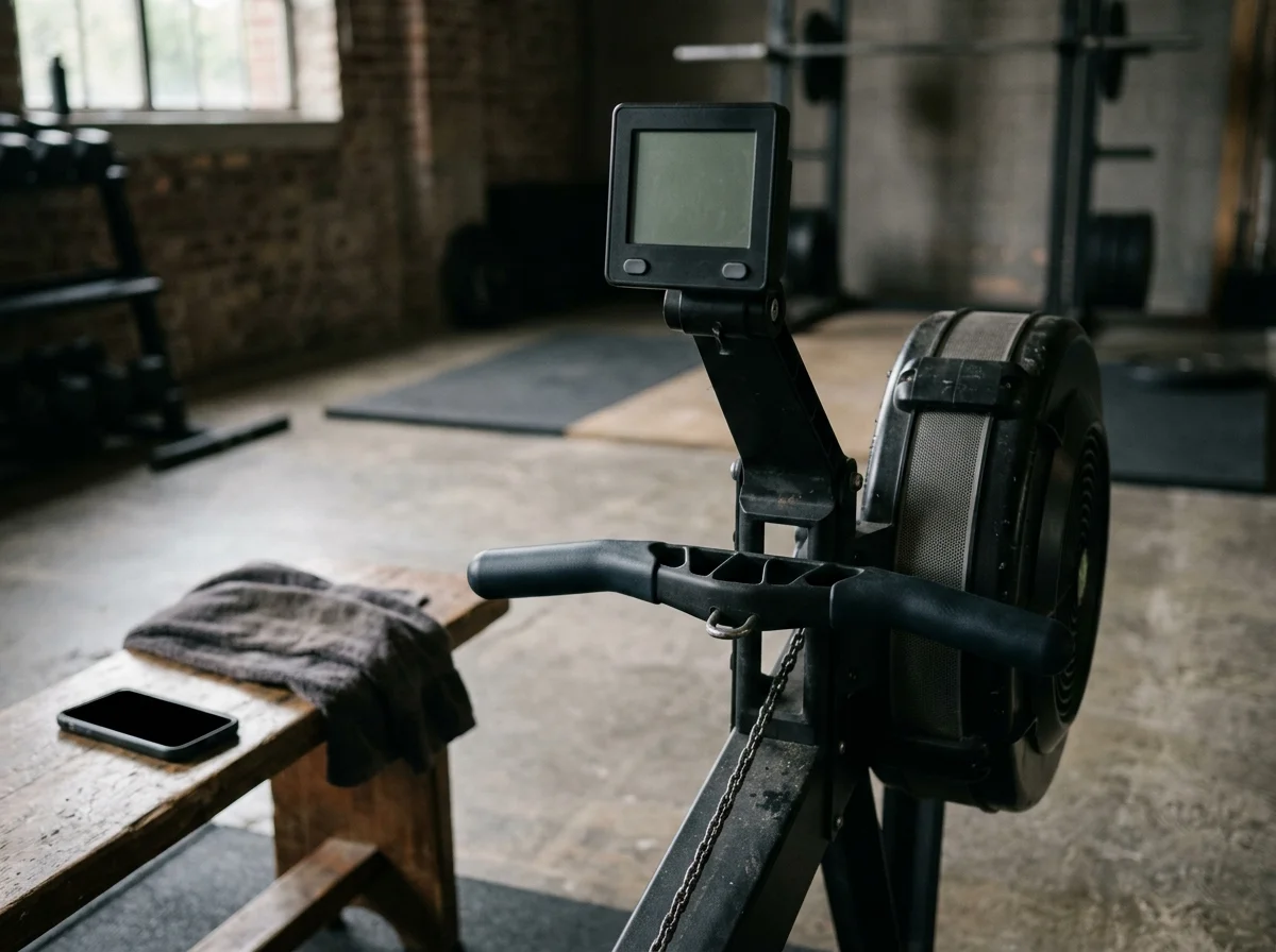 A rowing handle at rest with a blank monitor and a smartphone on a nearby bench