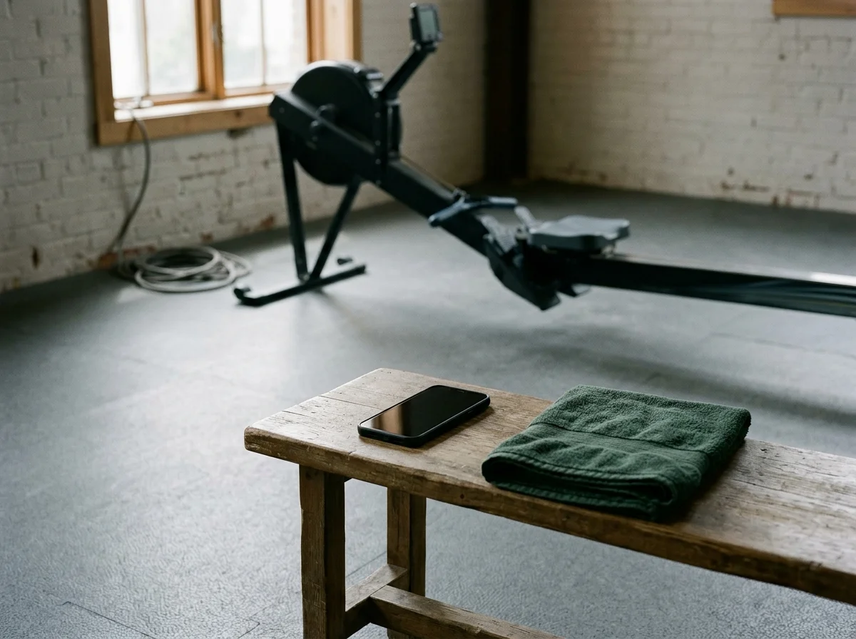 A dark-screen smartphone and folded green towel on a bench beside a rowing machine