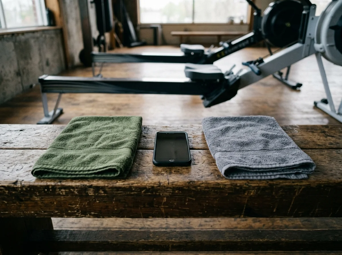One dark-screen smartphone between a green towel and a gray towel on a wooden gym bench