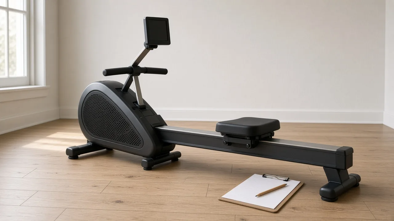 Illustration of a generic indoor rowing machine with a blank monitor beside an empty paper log