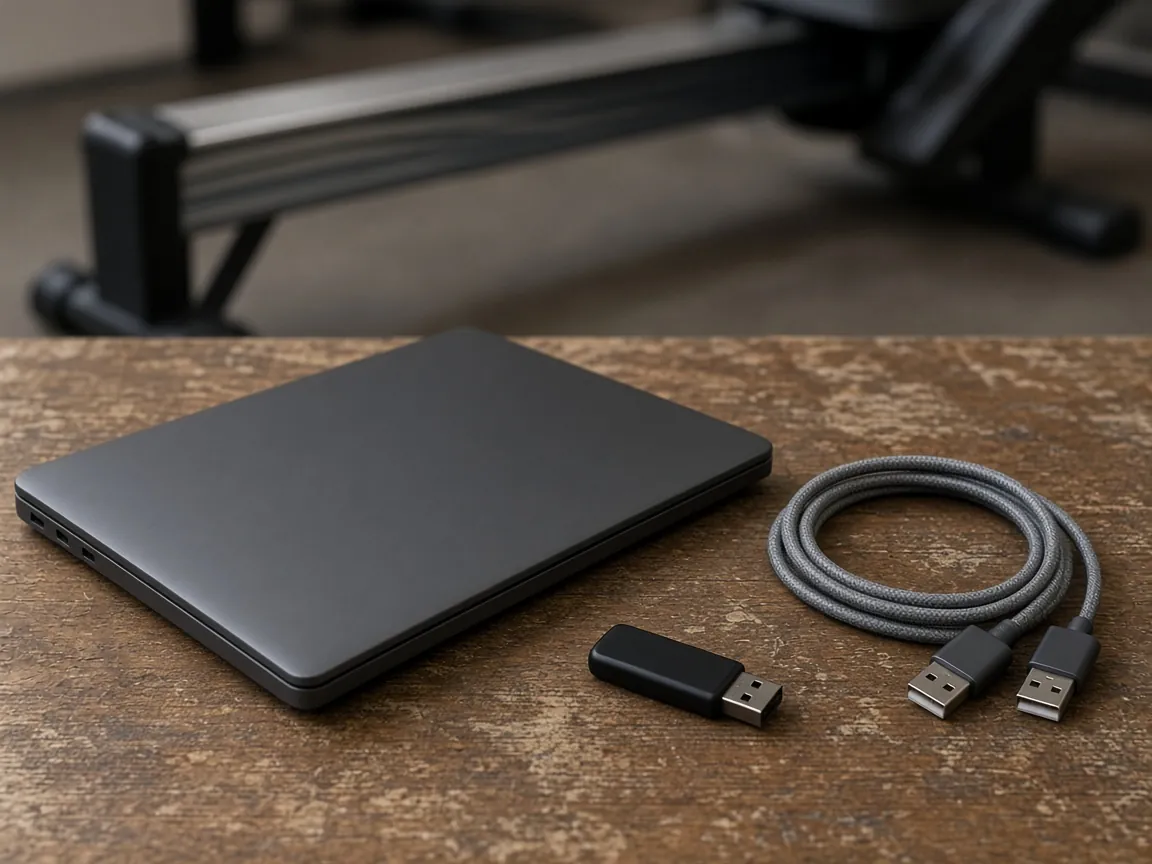 A closed laptop, a small black flash drive, and a coiled cable on a wooden table