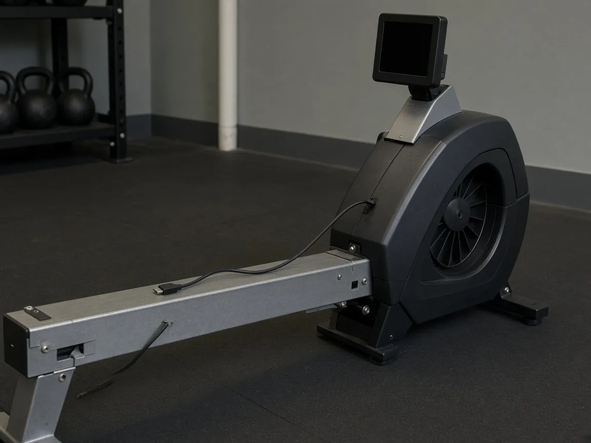 Indoor rowing machine in a gym with a dark monitor and a loose cable on the rail