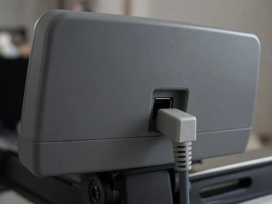 A square plug at a port on the back of a gray housing