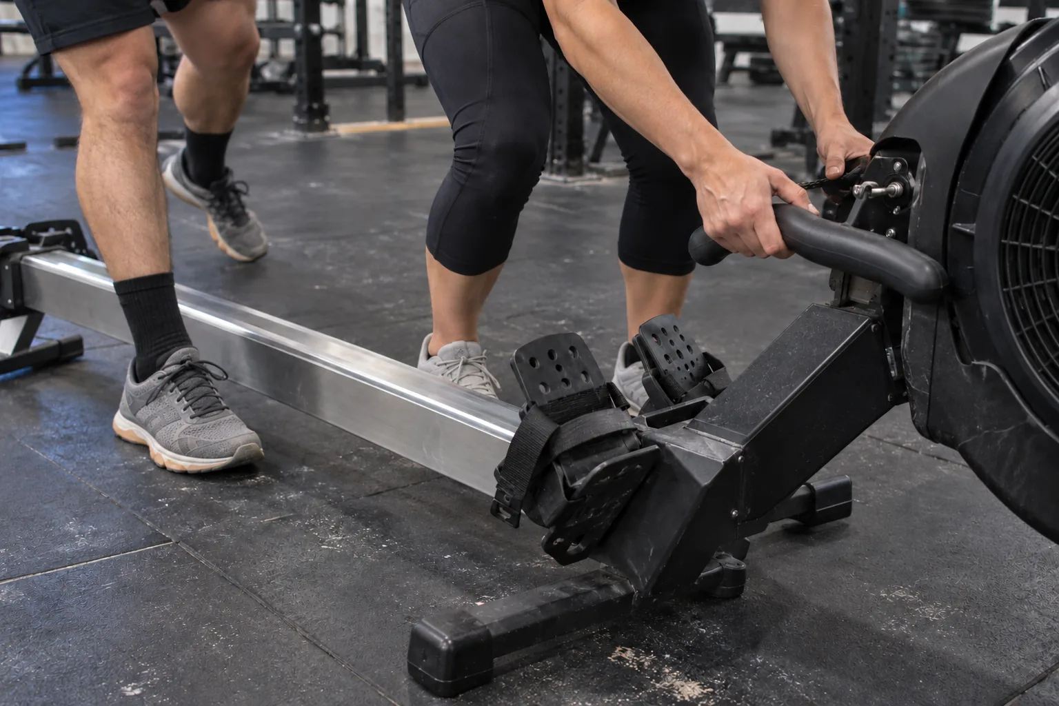 Participants changing over beside an indoor rowing machine monorail and foot stretcher on rubber gym mats