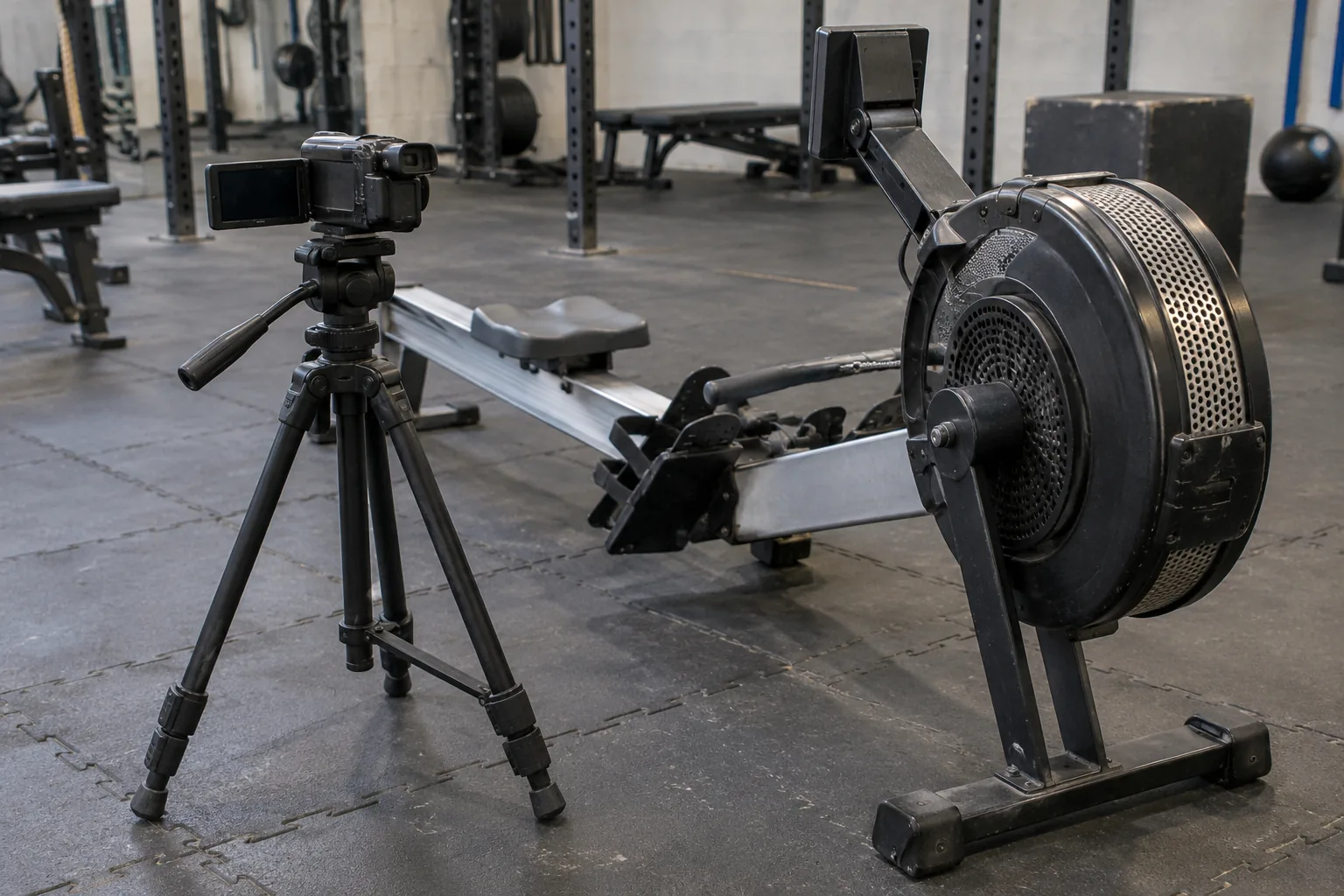 A black camera tripod on rubber gym flooring aimed at the flywheel cage and monorail of an indoor rowing machine